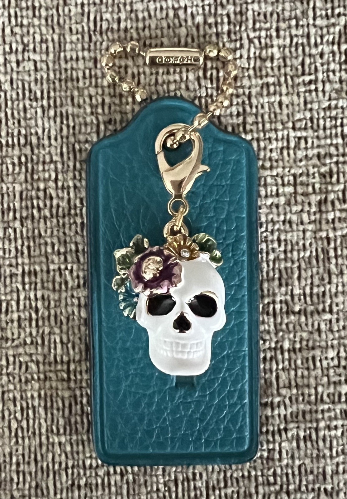 Genuine Coach 2.25” Teal Leather Bag Tote Hang Tag Fob Sugar Skull Charm New