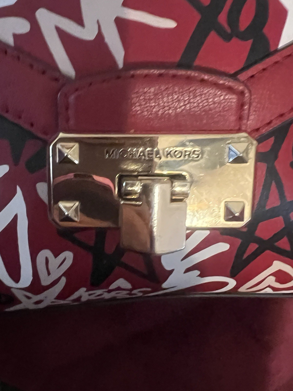 Michael Kors Red Graffiti Heart Small Satchel Top Handle Zip Push Lock Det Strap