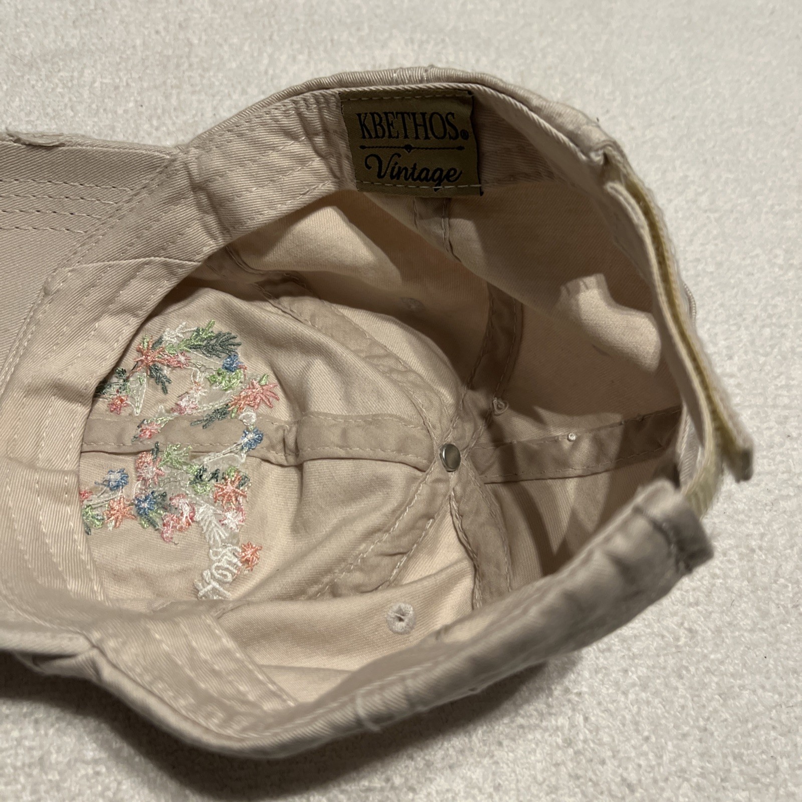 Kbethos VIntage Hey Yall Hat Distressed Cap Ball Adjustable Beige Floral Stitch