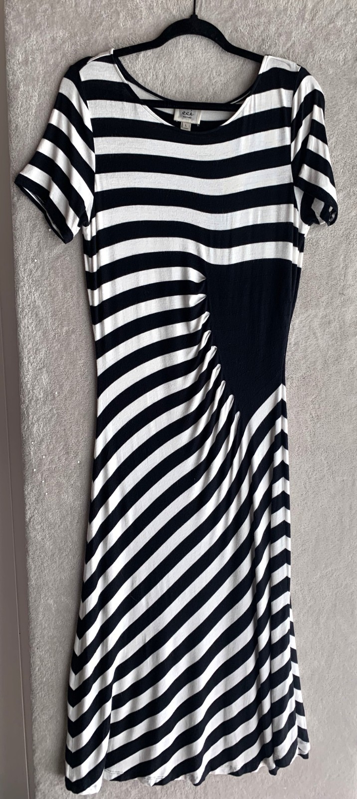 Black White Striped Optical Illusion Maxi Dress Short Sleeve Fit & Flare Size L