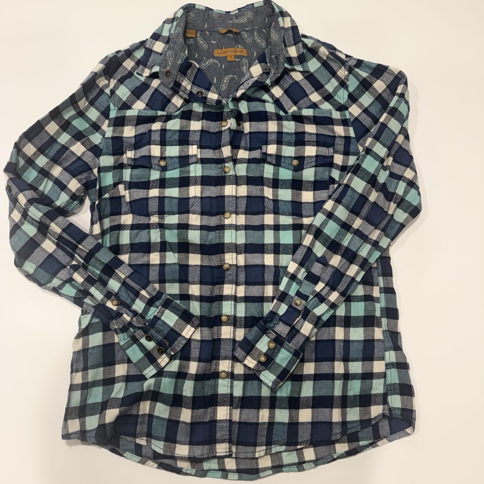 JACHS Girlfriend Western Shirt Womens Small Blue Flannel Cowgirl Pearl Snap