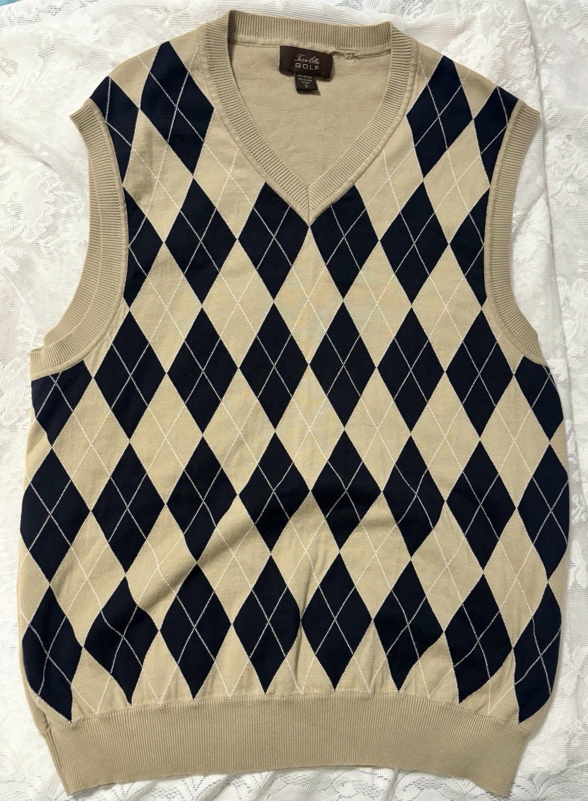 Tasso Elba Sweater Vest Mens Small Beige Navy Knit Golf V Neck