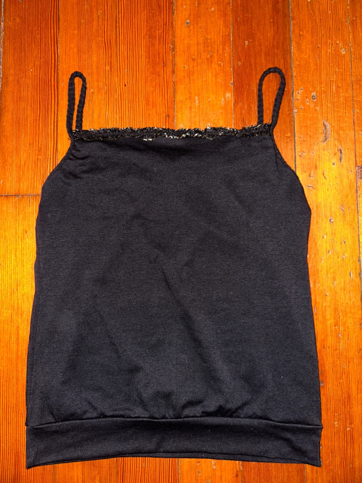 Black Lace Trim Metallic Shimmer Camisole Braided Spagetti Strap Tank Top