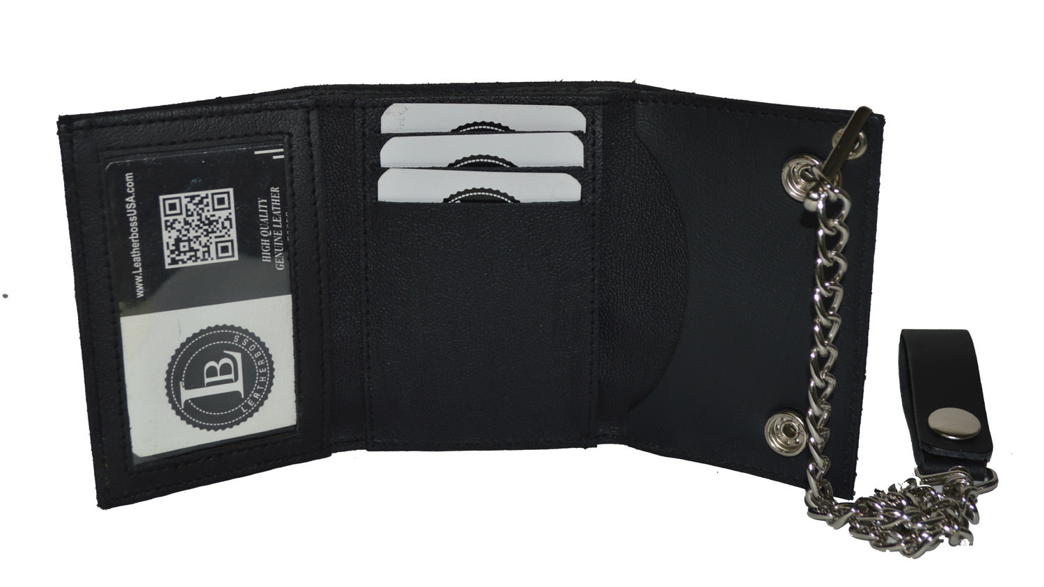 Leatherboss Genuine Leather Men MOTORCYCLE Trifold Wallet Chain Biker, Black