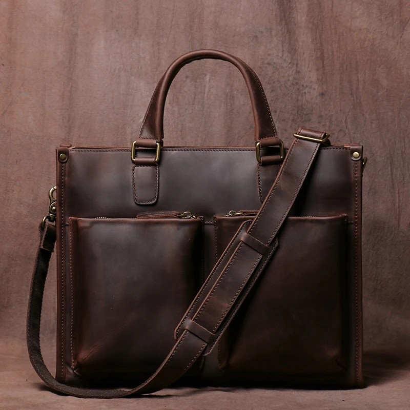 Handmade Leather Briefcase Men Vintage Messenger Bag Crazy Horse Laptop Satchel