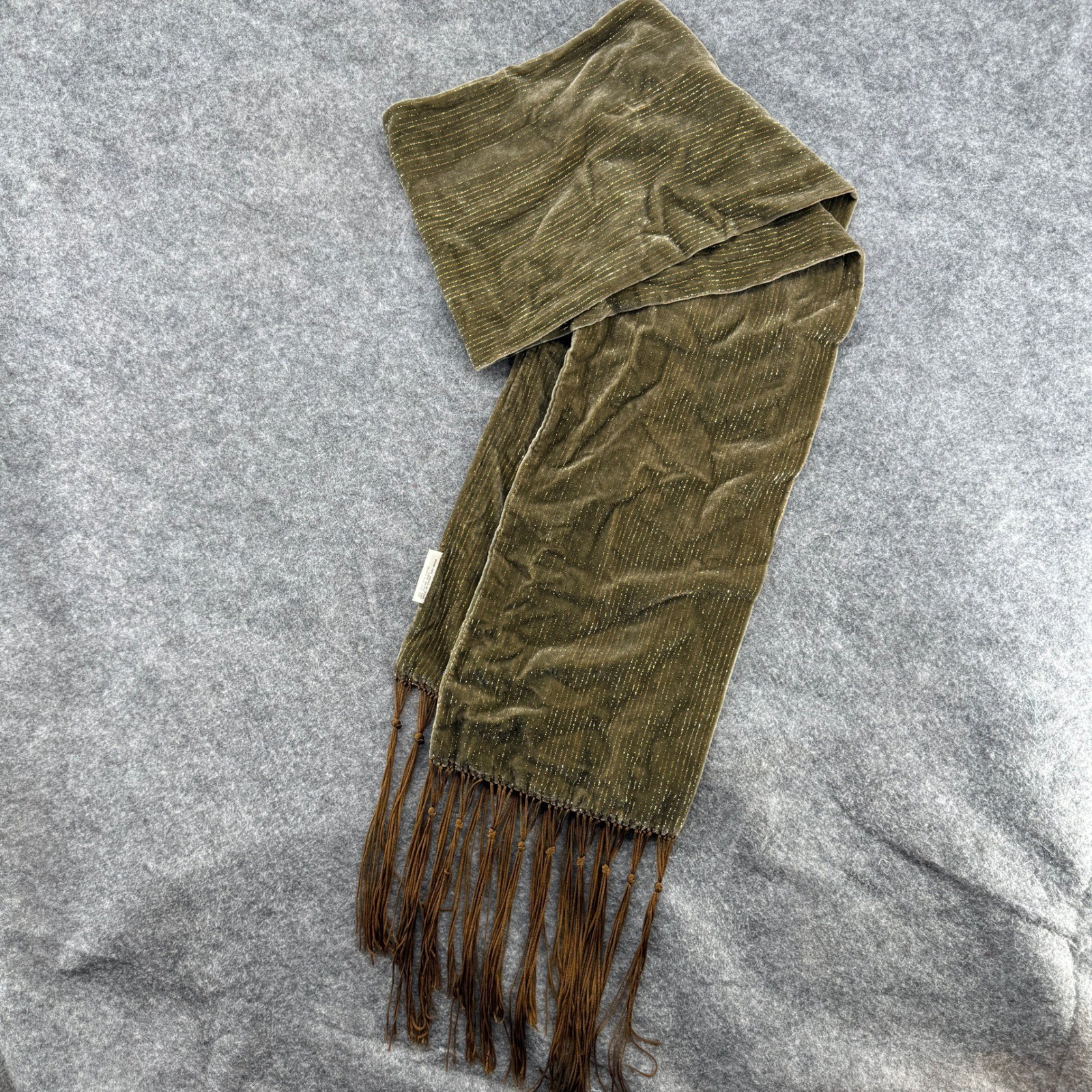 V Fraas Velvet Scarf Womens Olive Green Gold Metallic Silk Blend Fringe