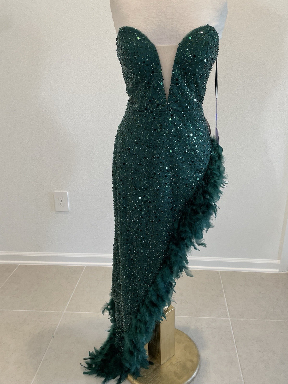 Ladivine by Cinderella Divine CD229 Emerald Sequin Feather Strapless Mermaid Go…