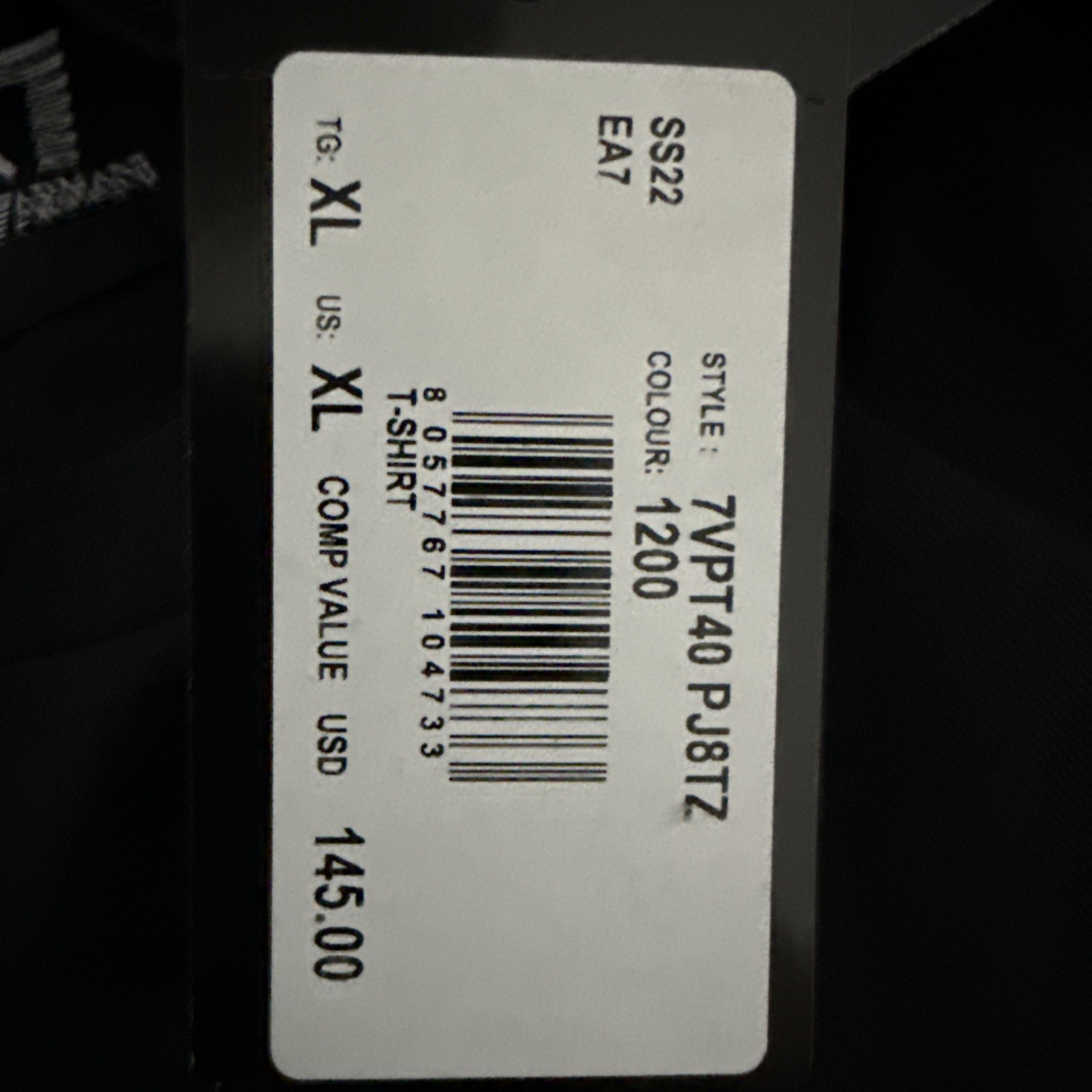 Emporio Armani EA7 Men’s Black Dynamic Athlete Jersey Tee T-Shirt XL