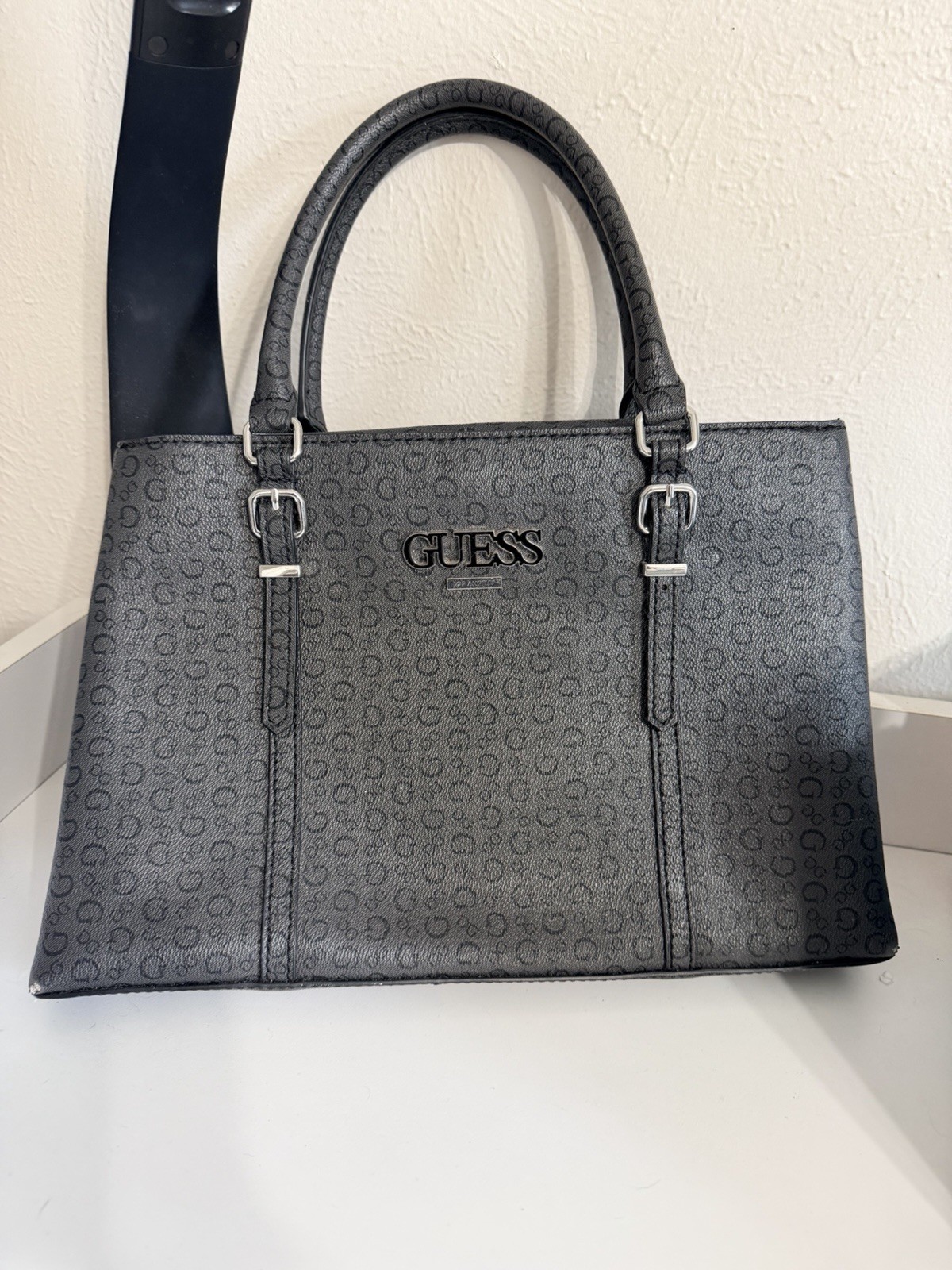 GUESS Gray Logo Satchel Top Handle Bag Double Handles Zip w/ Detachable Strap