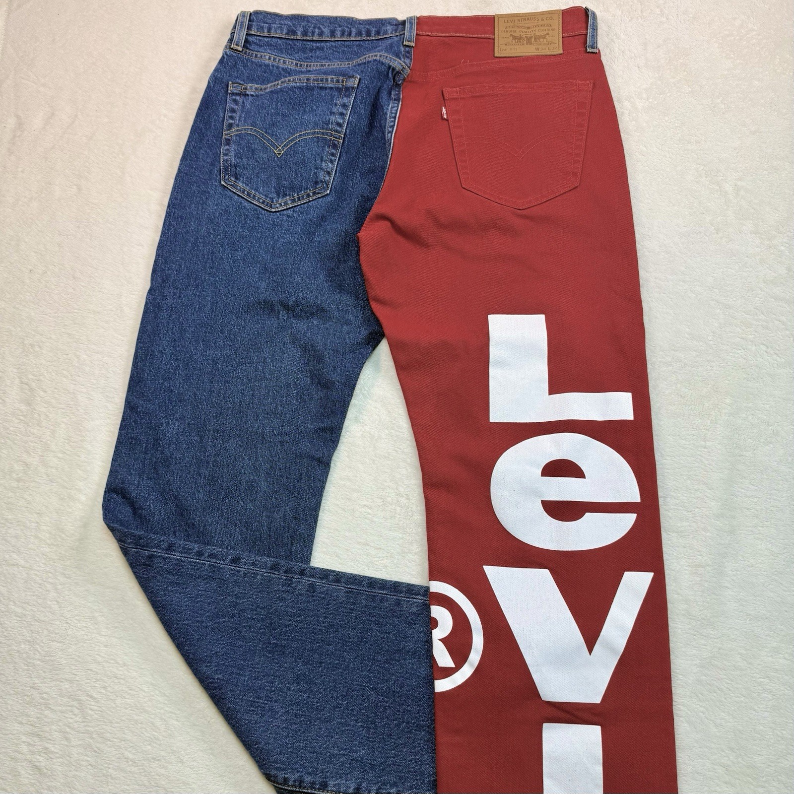 Levi’s 541 Color Block~RARE~Spell Out On Back Leg~Size 34X34~Logo~Blue Red Denim