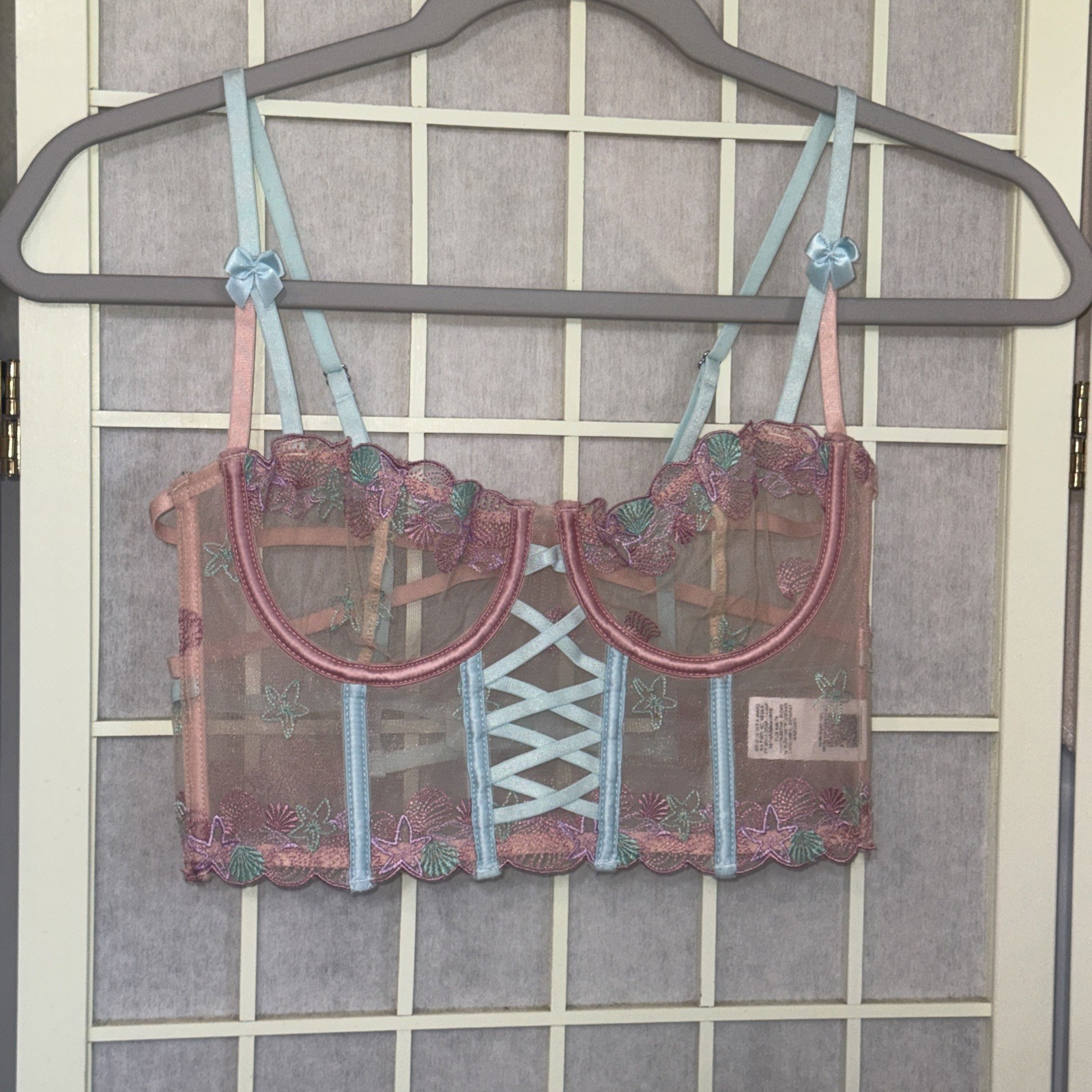 ASOS Design Fairy Beach Corset Mermaid Shells Embroidered Sheer Top Bra Size 32B