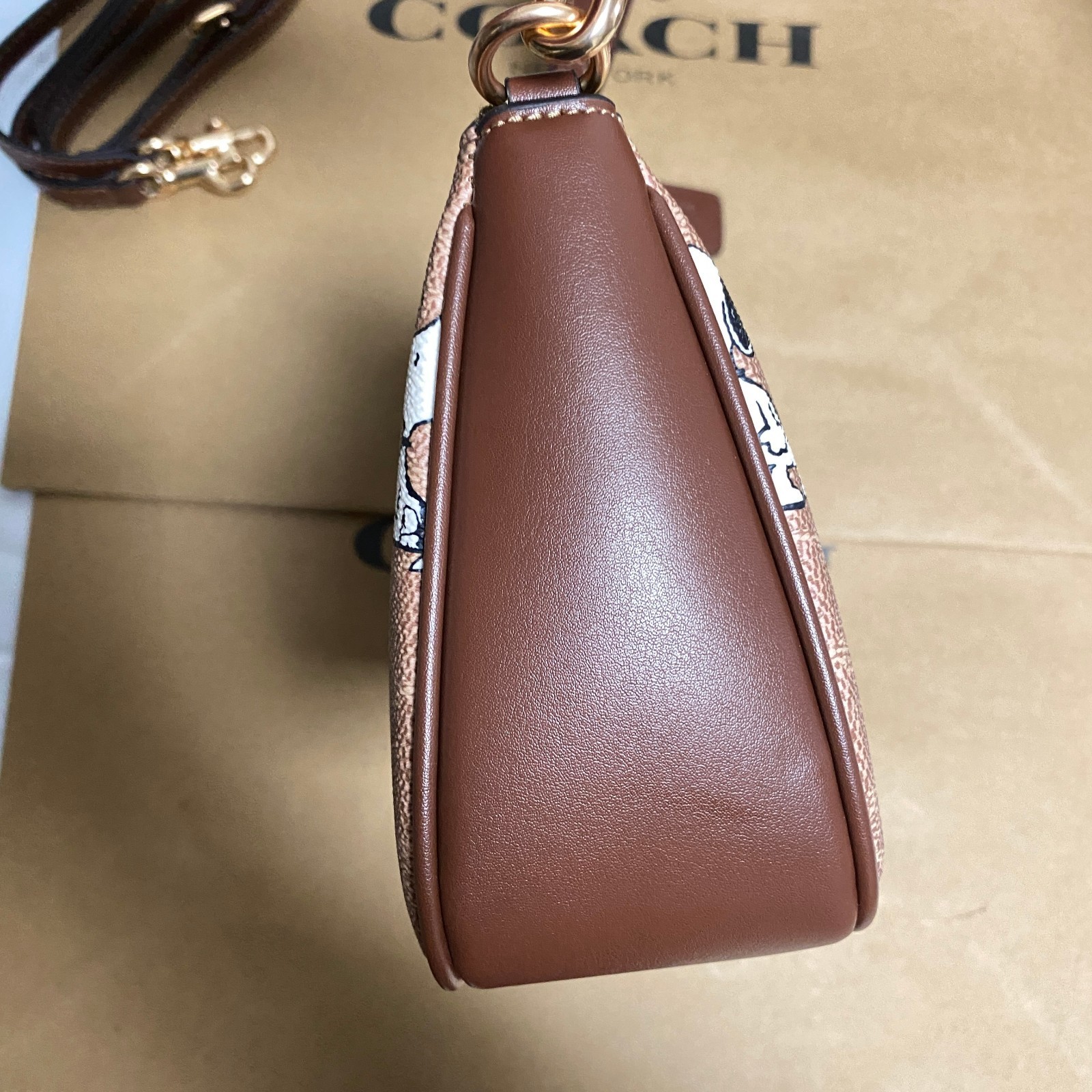 COACH x PEANUTS CBJ88 Teri Shoulder Bag Tan Brown Snoopy Print Signature Canvas