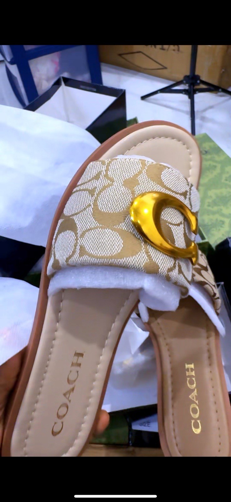 Coach Women’s Slide Sandals Signature Logo Beige Brown Gold Size 37,38,39,40,41
