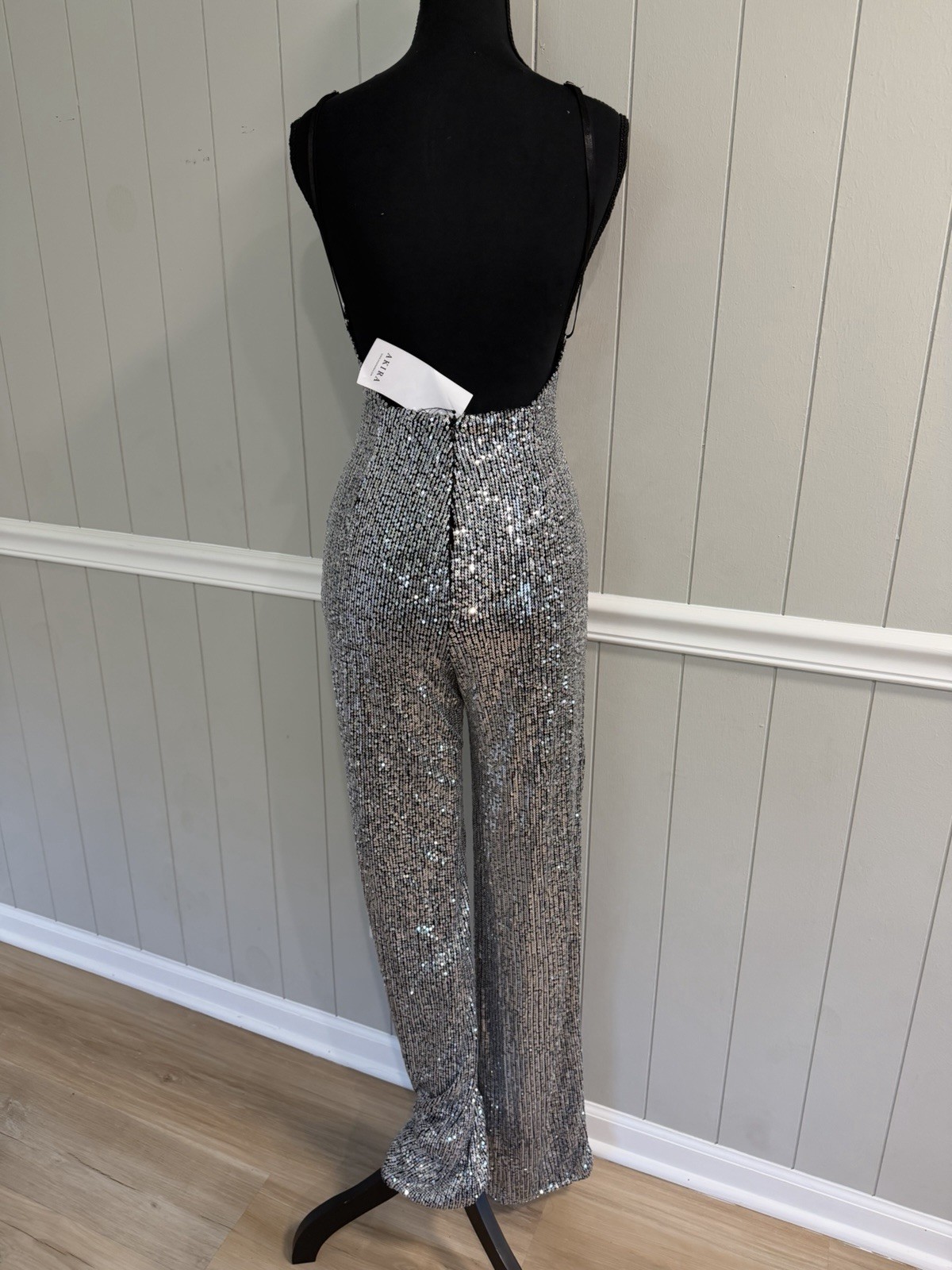 AKIRA Silver Sequin Halter Jumpsuit XS New With Tags Straight Leg Party Clubwear