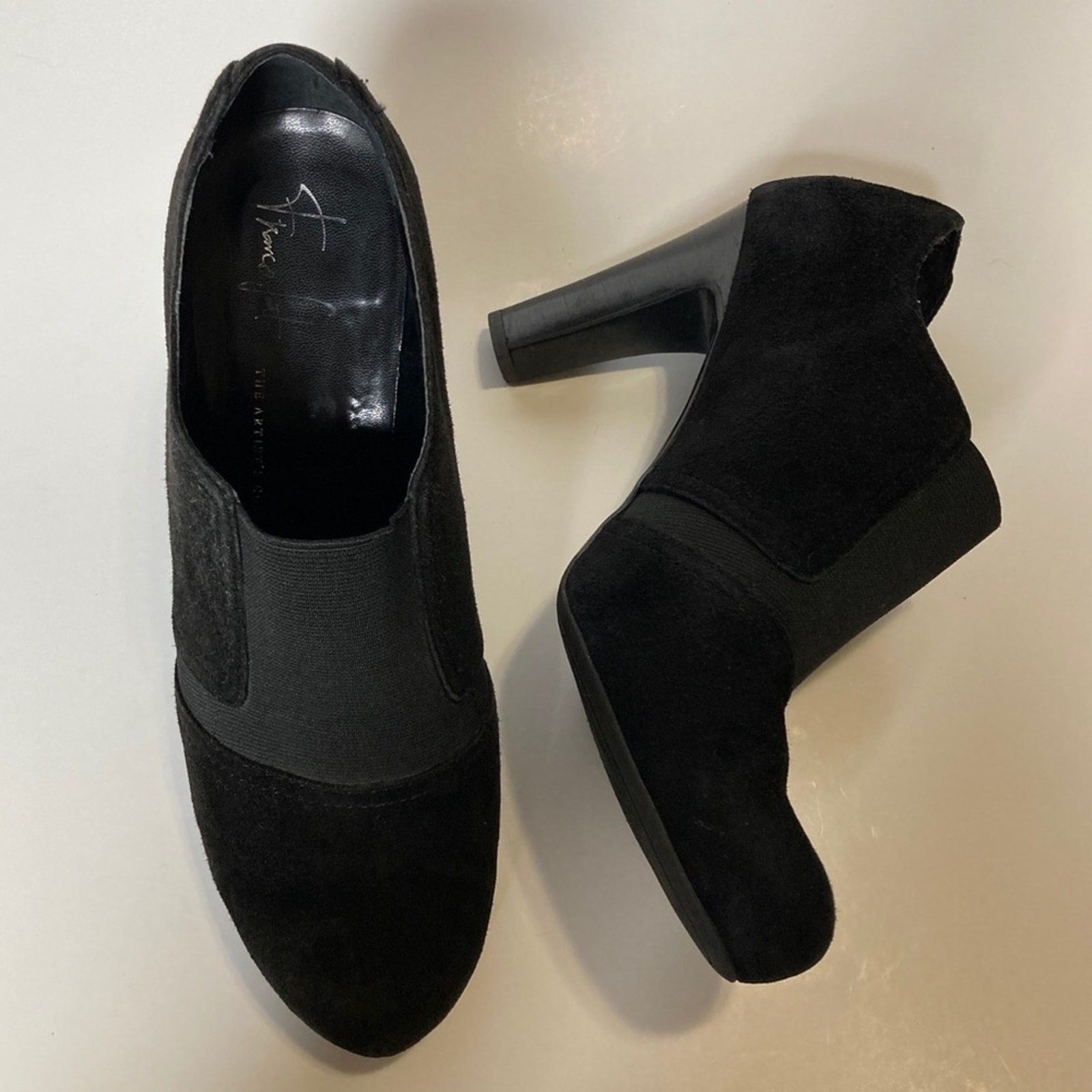 Franco Sarto A. WHO Black Suede Booties US 8.5 Low Ankle Chunky Heel The Artist