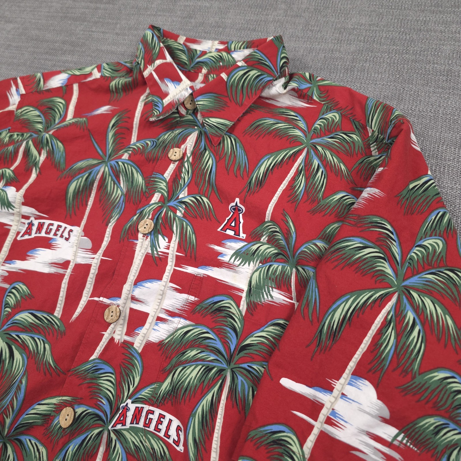 Reyn Spooner Anaheim Angels Hawaiian Shirt Men’s L Red MLB Baseball Palm Trees