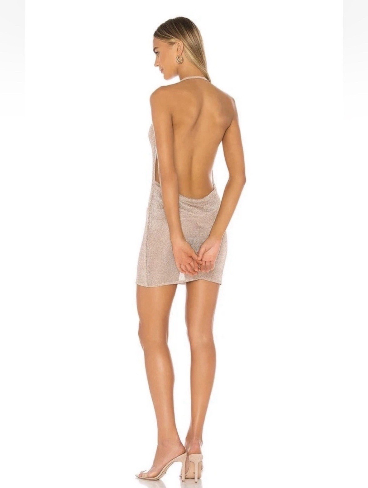 Superdown Revolve Brina Rose Gold Sheer Knit Cowl Neck Backless Mini Dress L DWT