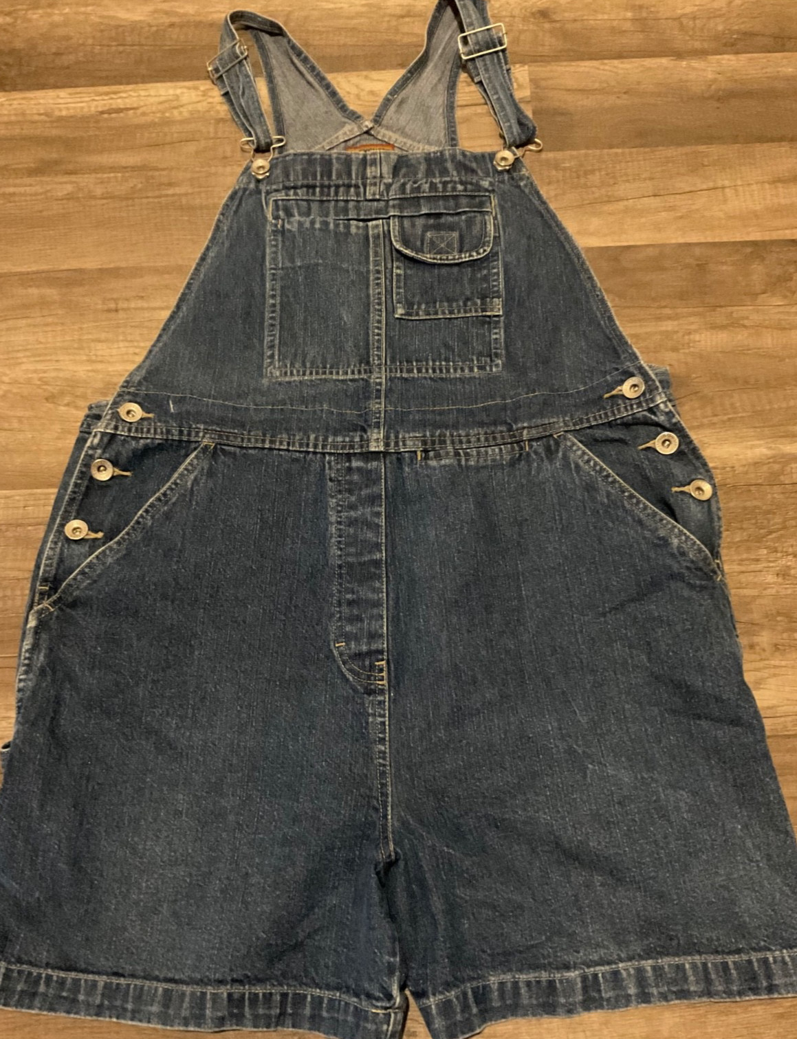 VTG NO EXCUSES WOMENS CARPENTER DENIM OVERALL SHORTS (SIZE L) DARK WASH