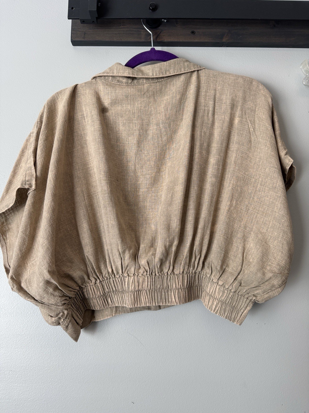 Zenana Beige Solid Collared Short Sleeve Pullover Blouse L CTW-7158Y