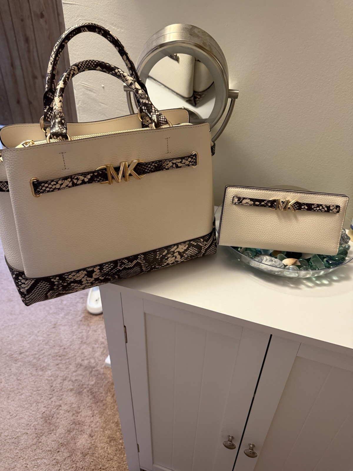 Michael Kors Cream Satchel Snake Print Trim Gold Hardware Zip Detachable Strap