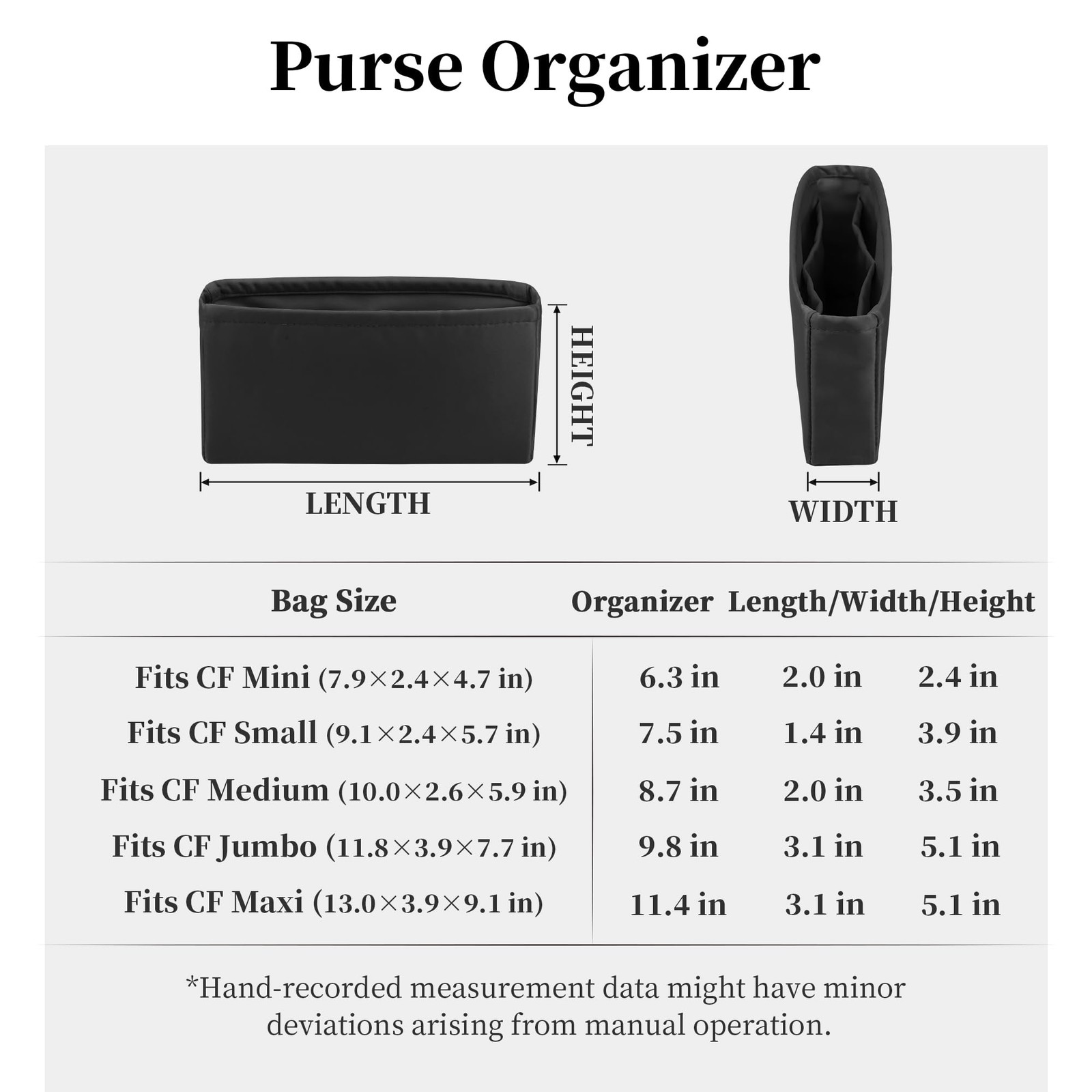 KINGS IN BAG Purse Organizer for Chanel Mini Classic Flap, Black