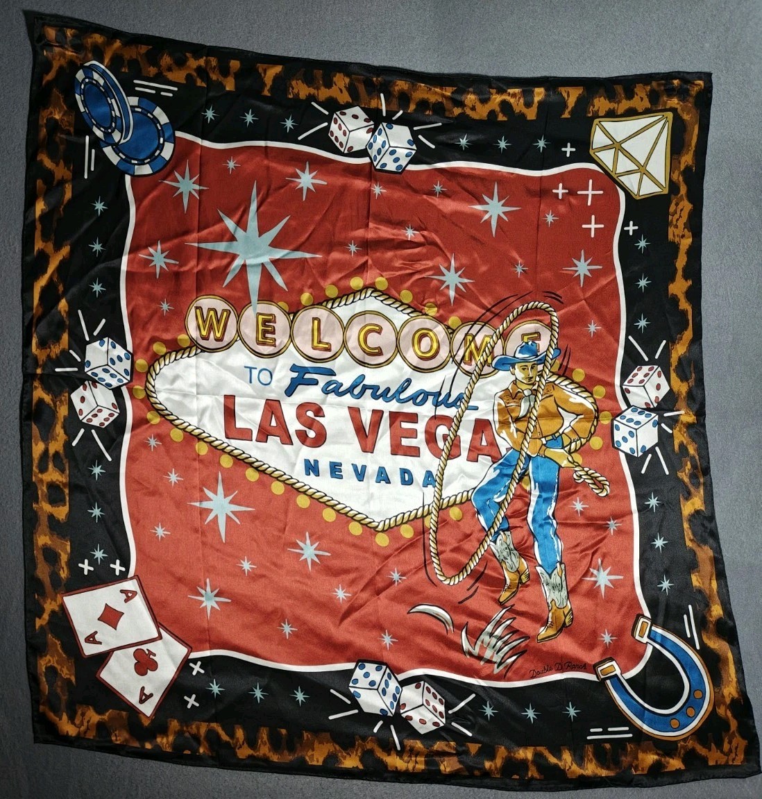 $75 DOUBLE D RANCH Welcome To Fabulous Las Vegas 100% Silk Scarf EUC