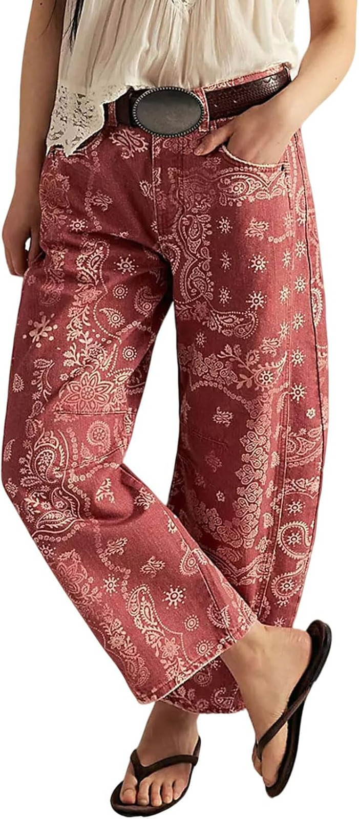 Loveimgs Women Boyfriend Baggy Barrel Jeans Floral Print Denim Ankle Pants SMALL