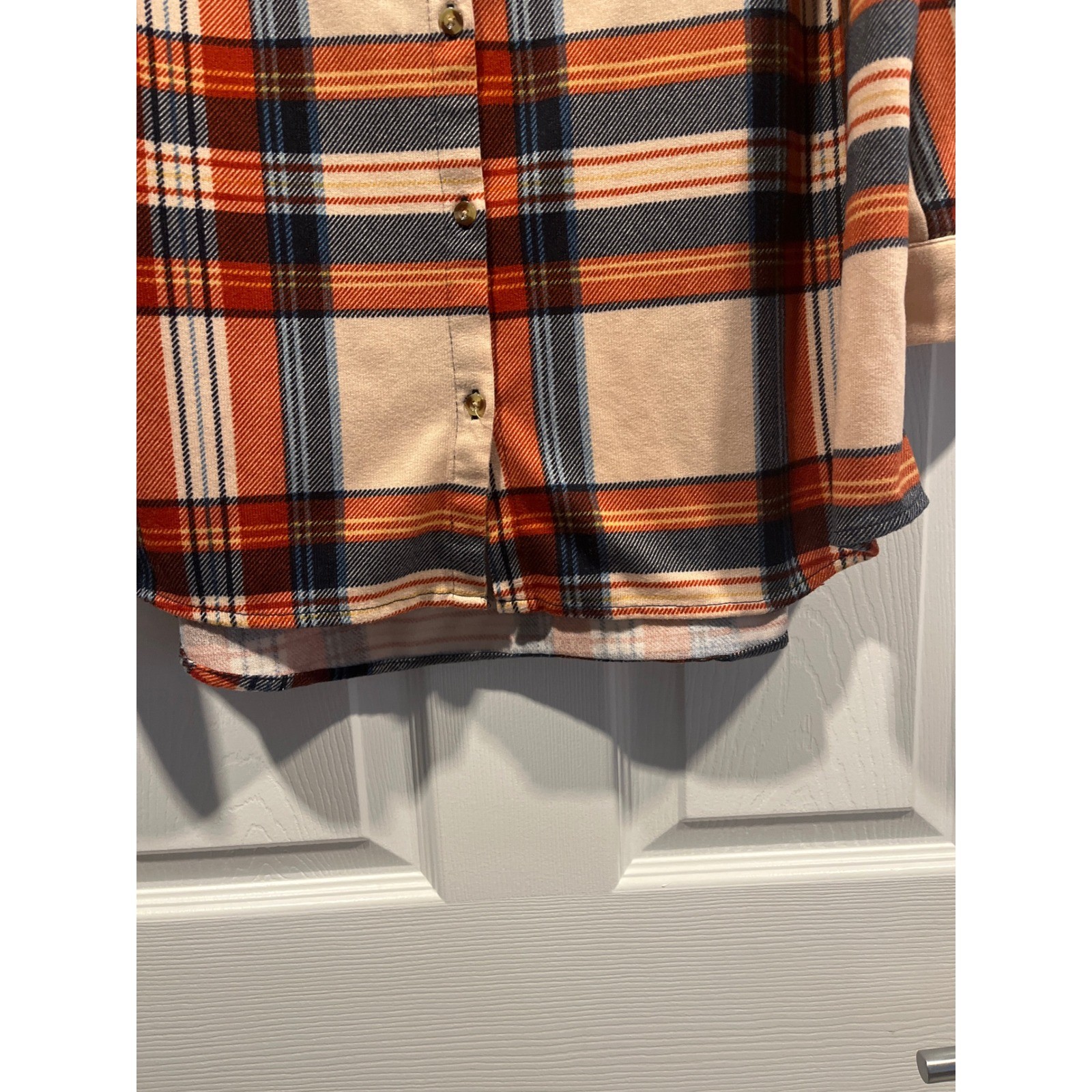 Eden And Olivia Orange Navy Blue Plaid Button Down Shirt Womens Large Size L