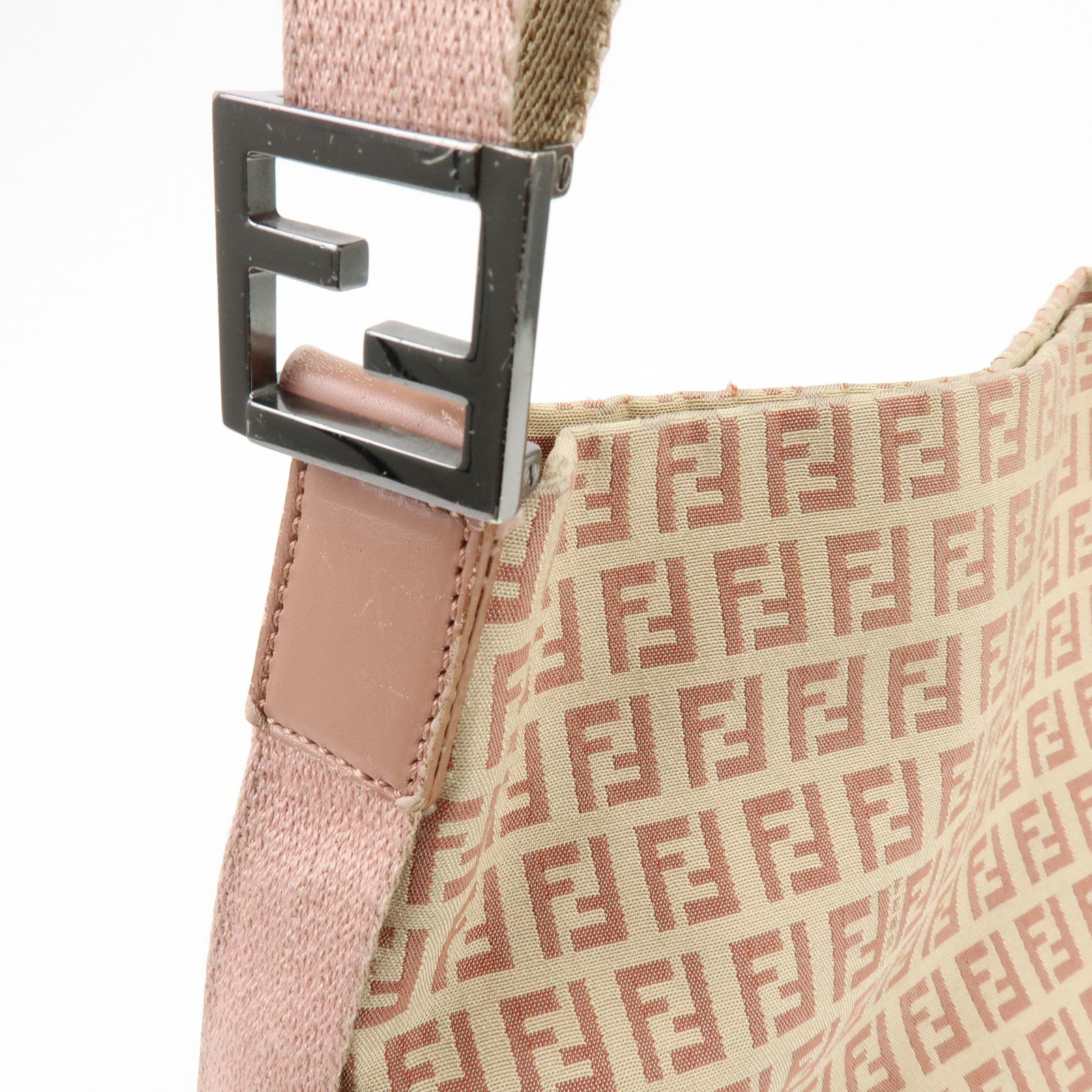 FENDI Zucchino Canvas Leather Shoulder Bag Beige Pink 8BR318 Authentic Used F/S