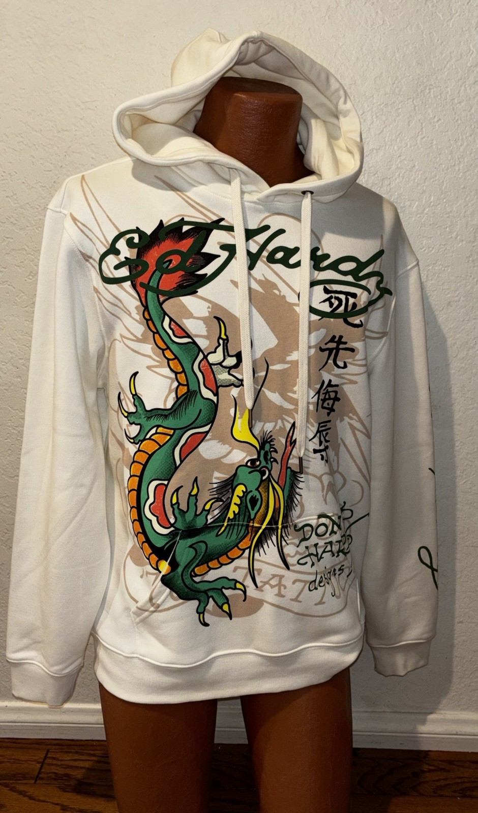 Ed Hardy Hoodie Mens Ivory Dragon Tattoo Graphic Love Kills Slowly Size M