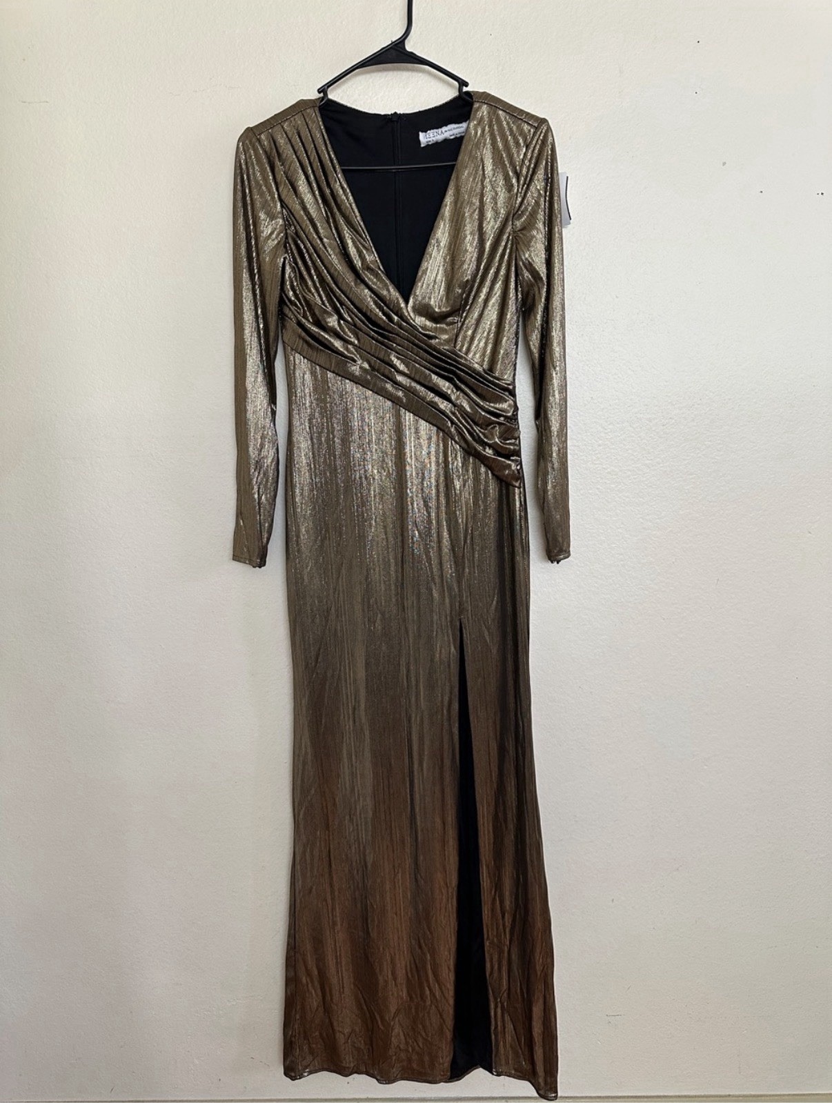 Ieena For Mac Duggal Long Sleeve Maxi Wedding Asymmetrical Ruched Gold Dress 12
