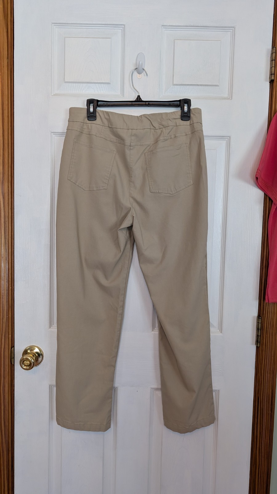 Drapers & Damon’s Set Pants Tan Rayon Nylon Span Coral Tee Crochet Accent PL Euc
