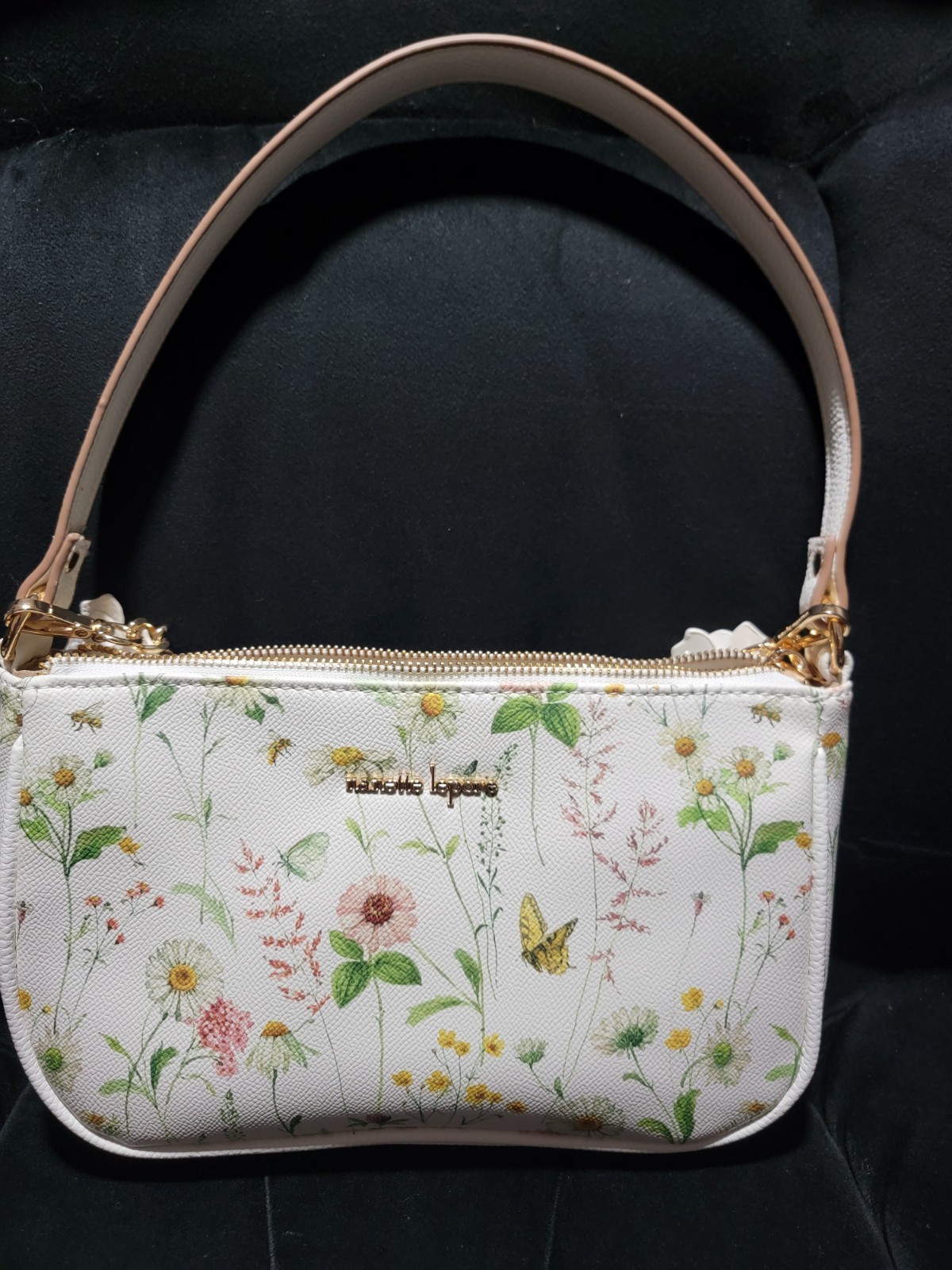 Nanette Lepore Small White Floral Shoulder Bag Gold Chain Zip, Detachable Strap