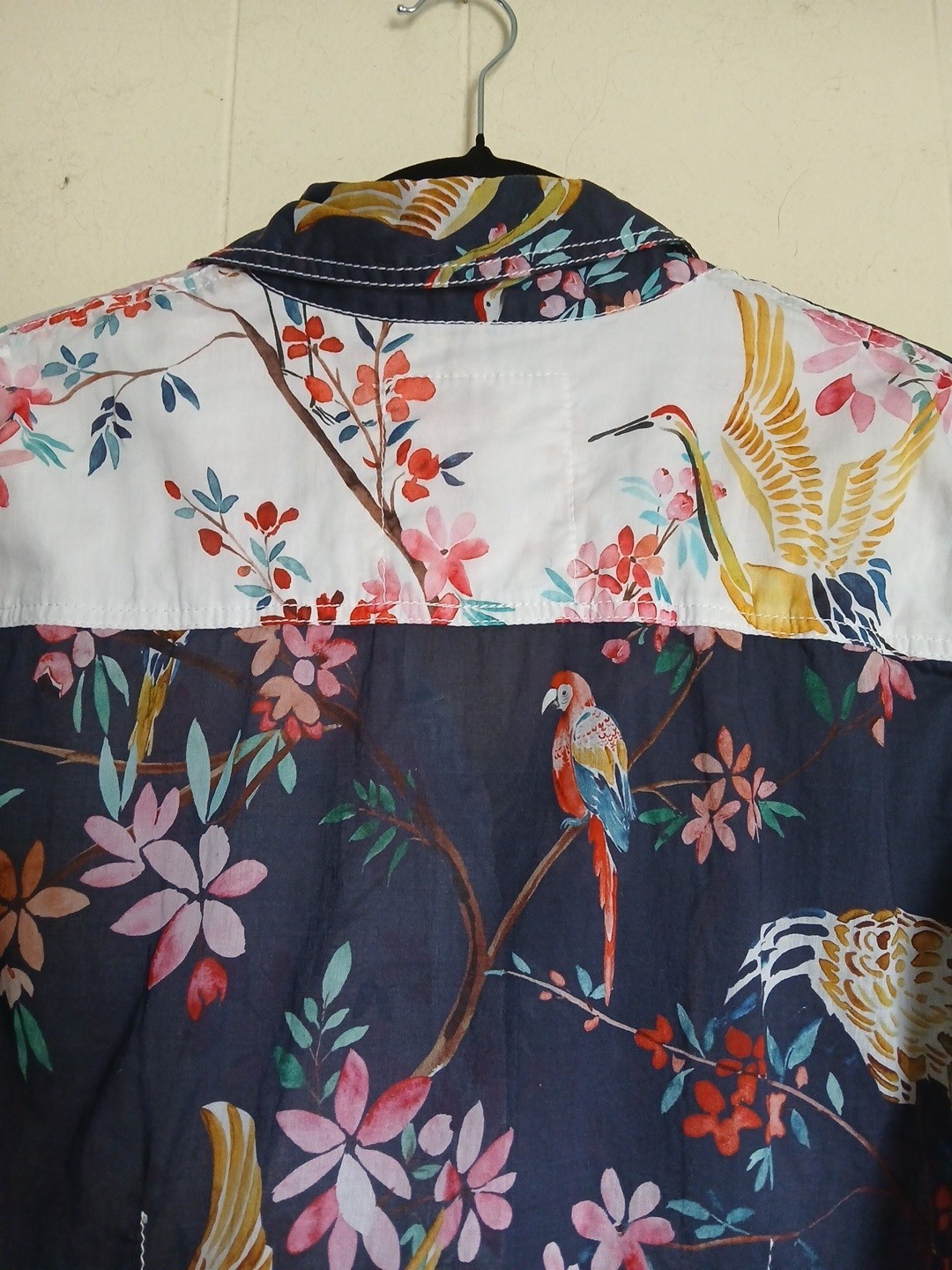 Cino Floral Botanical Bird Print Button Down Blouse Tab Sleeve 100% Cotton Sz M