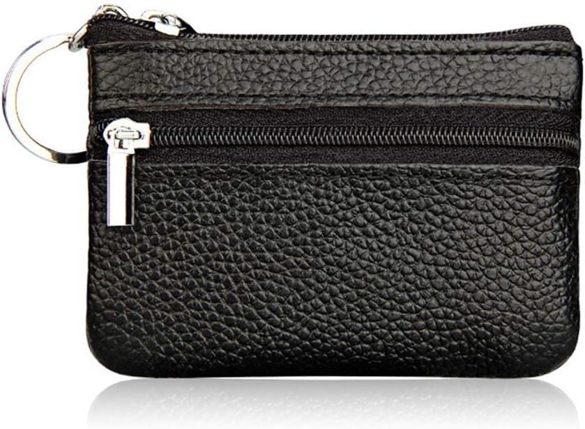 NEW Black Small Leather Coin Purse Change Pouch with Zipper and Key Ring, Unisex