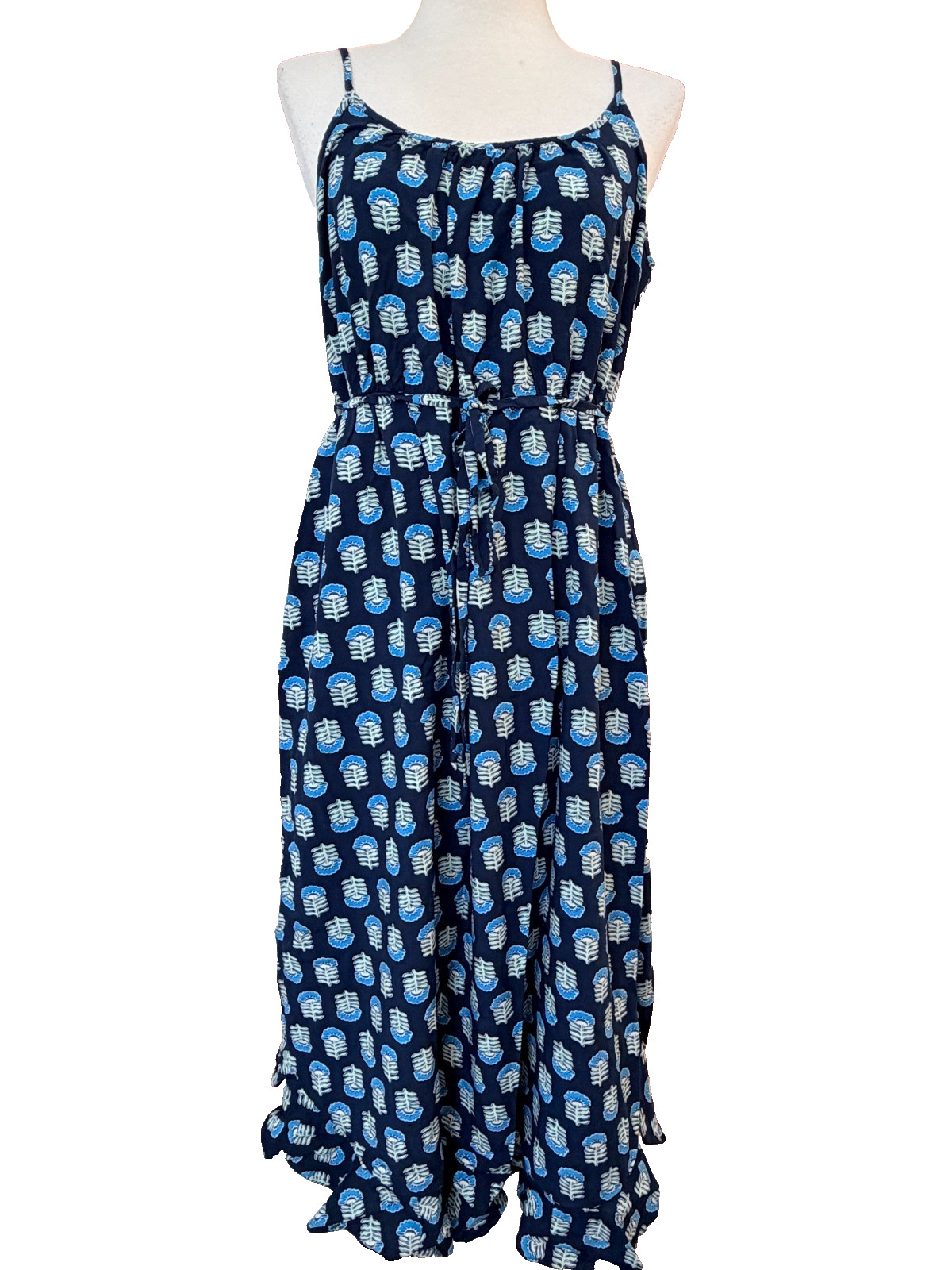 J.Crew Factory Ruffle Midi Dress Navy Scandinavian Block Print Pockets Size 6