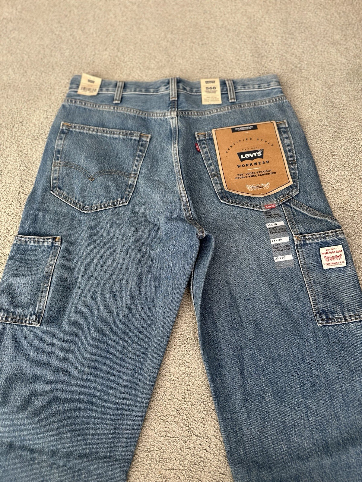 Levis 568 Double Knee Carpenter Blue Loose Denim Tag Sz. 33Wx30L Measure 34WX29L