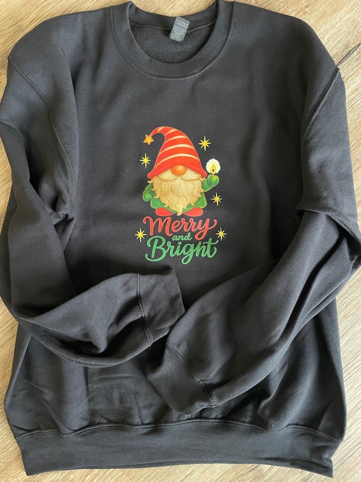 Whimsical Christmas Gnome Merry & Bright Holiday T-shirt Size S,M,L,XL,2X