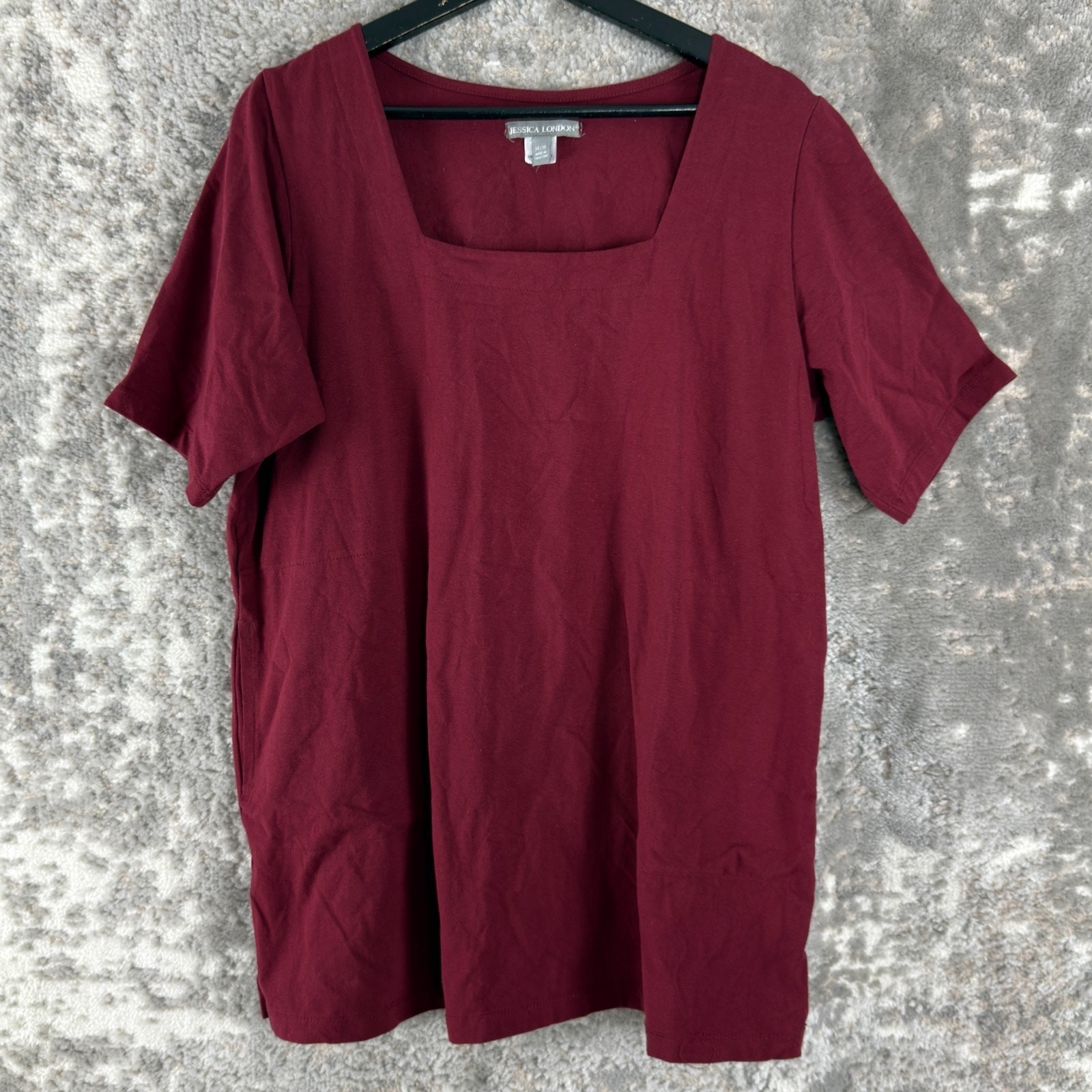Jessica London Size 14/16 Stretch Square Neck Top Burgundy Short Sleeve Pullover
