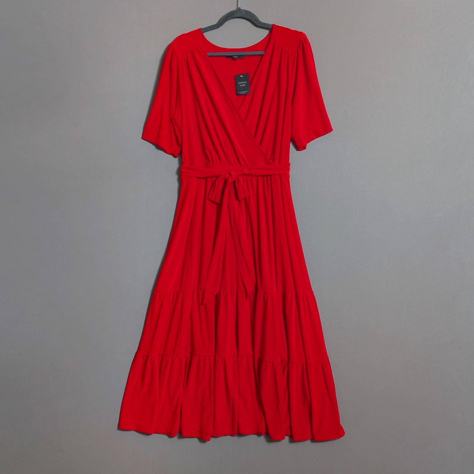 Joanna Hope Red Jersey Faux Wrap Tiered Midaxi Dress Tie Belt Stretchy 18 New