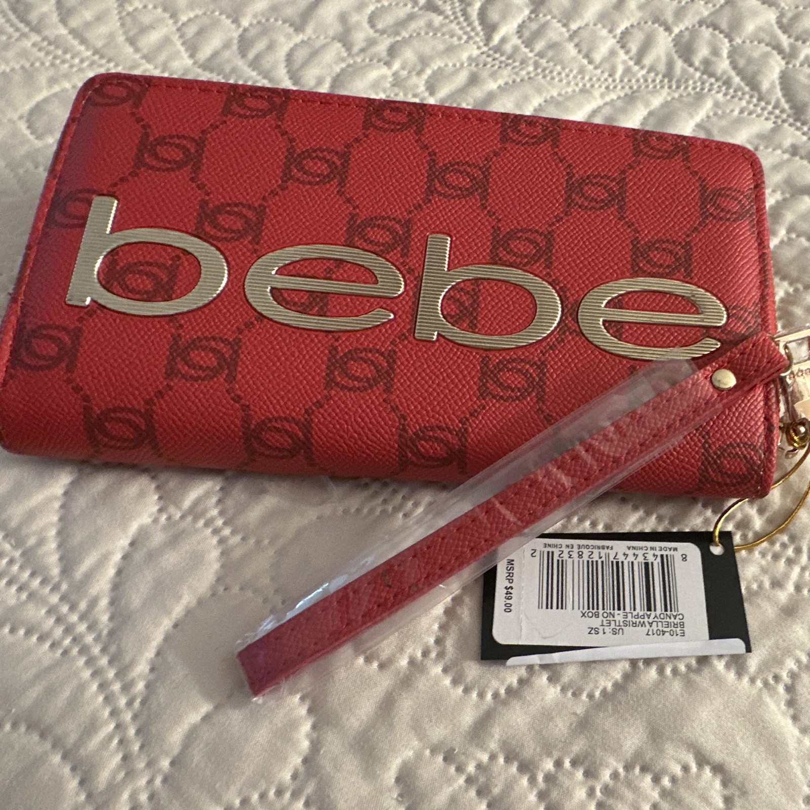 bebe Red Logo Zip-Around Wristlet Wallet w/ Wrist Strap, Credit Card Slots