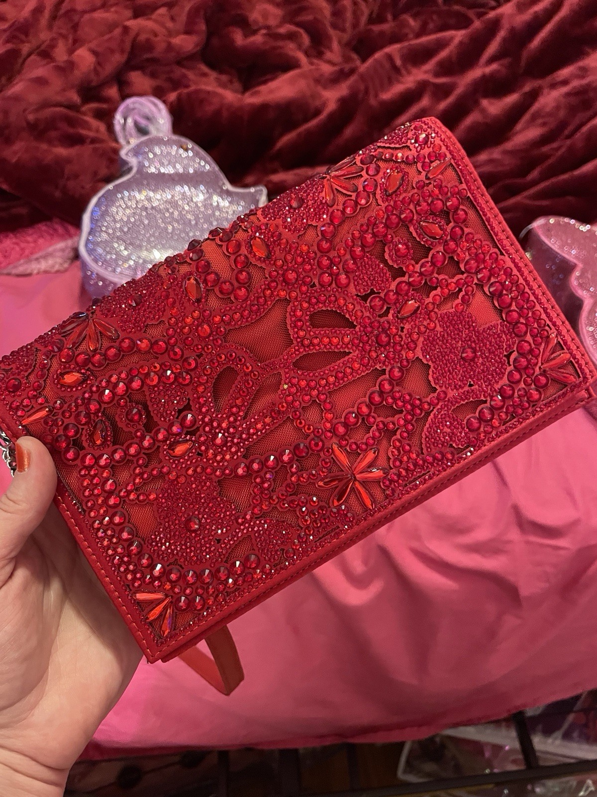 Betsey Johnson Red Satin Beaded Floral Clutch, Detachable Strap, Magnetic