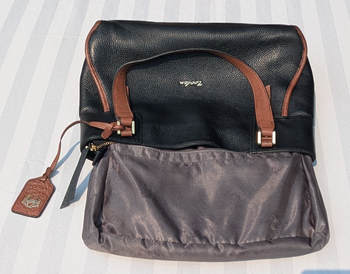 Zooler Black Brown Pebbled Tote Zip Gold Hardware Pockets Lined Bag Charm