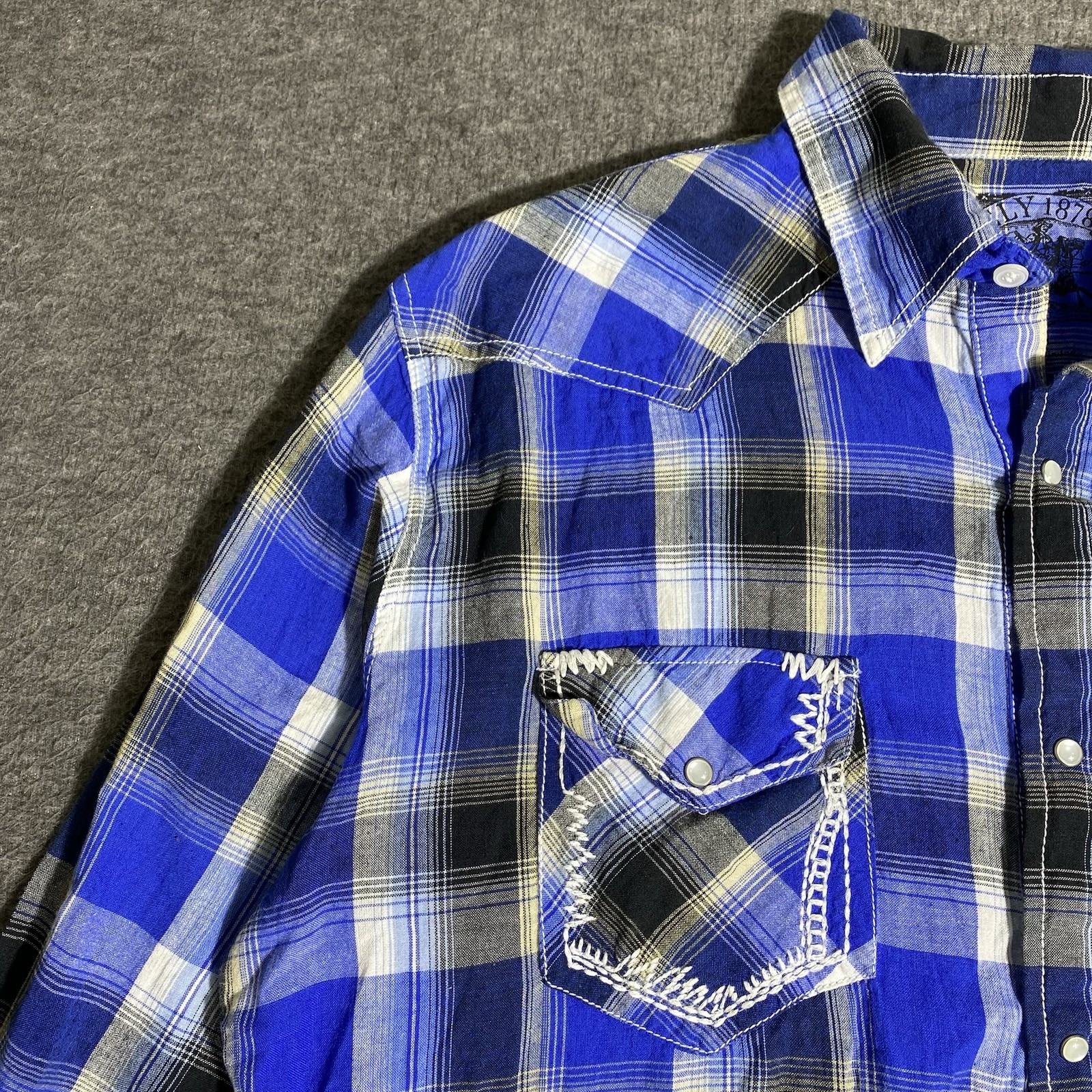 Ely Cattleman Shirt Mens L Blue Plaid Western Pearl Snap Cowboy Rodeo Rancher
