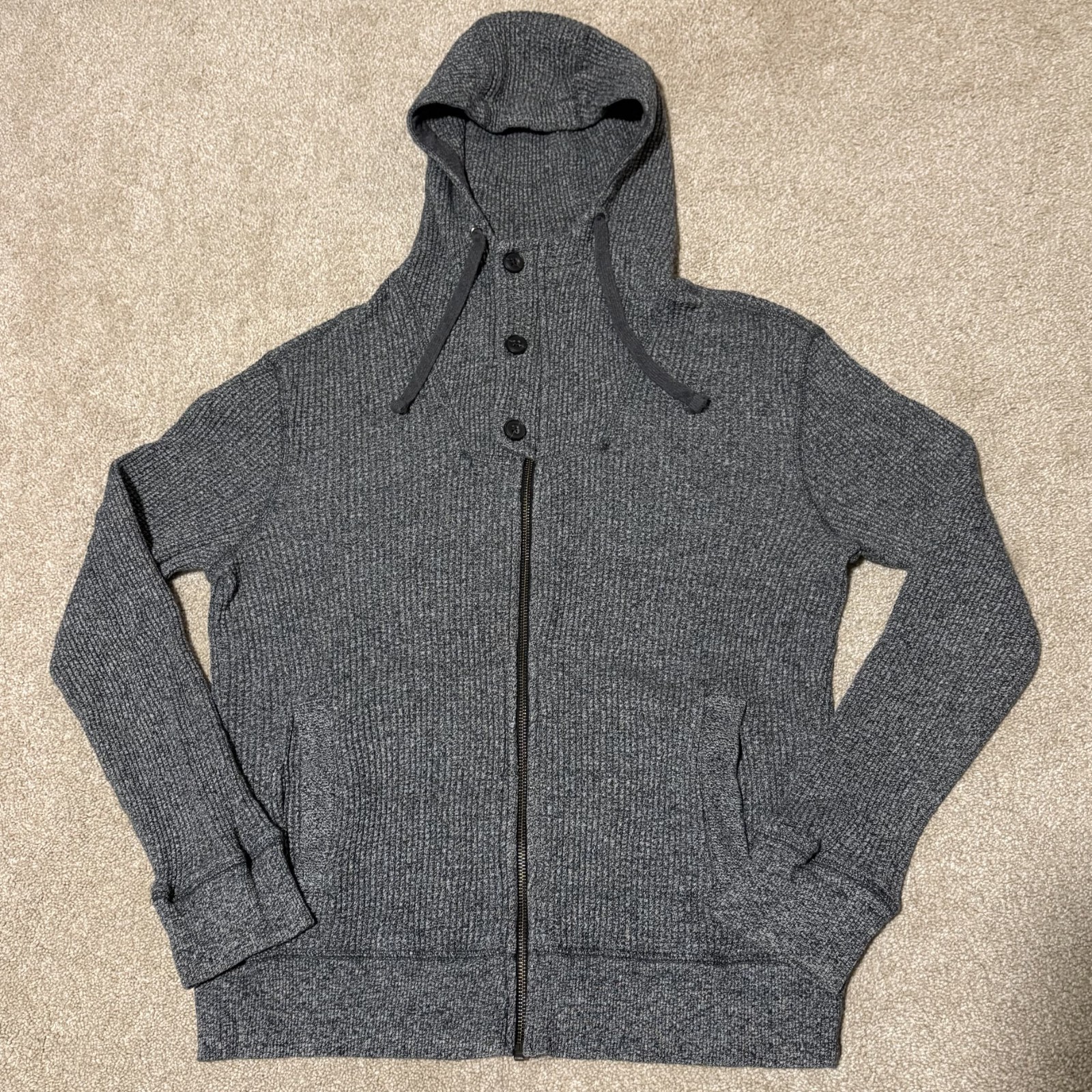 Banana Republic Mens Full Zip Henley Hoodie Sweatshirt Waffle Knit Gray, Sz S