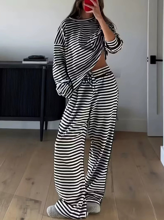 Unisex Striped 2Pcs Lounge Set Long Sleeve Top High Waist Pants