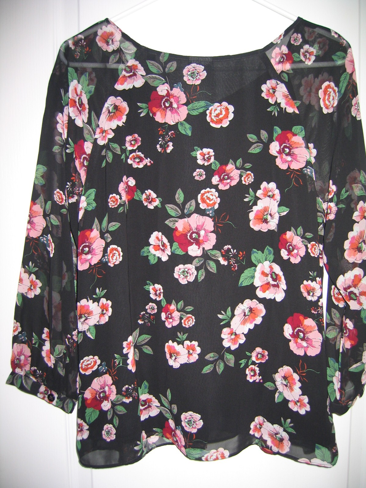 Cabi Red Floral Print Blouse Size M Medium Black Sheer 3595 Top Lined