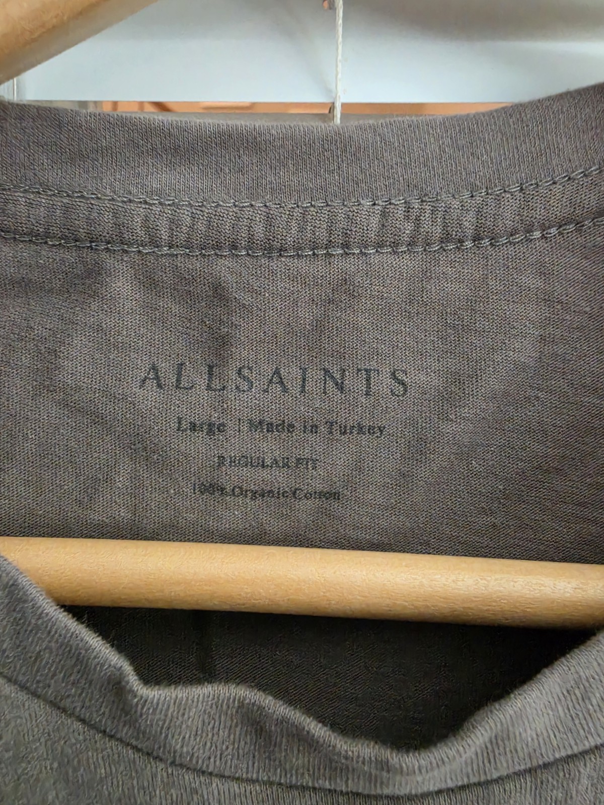 AllSaints Brace SS Crew Putty Brown Tee Mens Sz L Ramskull Logo Regular Fit