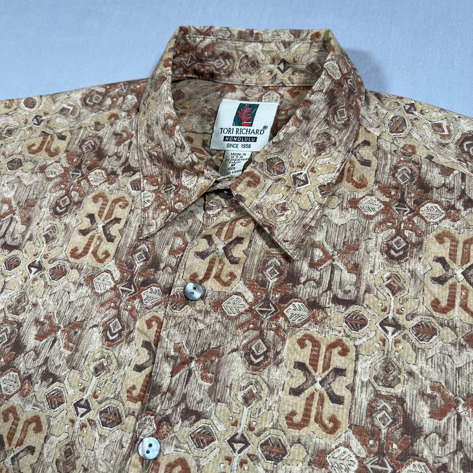 Tori Richard Casual Button Up Shirt Men’s Beige Brown Tan M Cotton Lawn USA