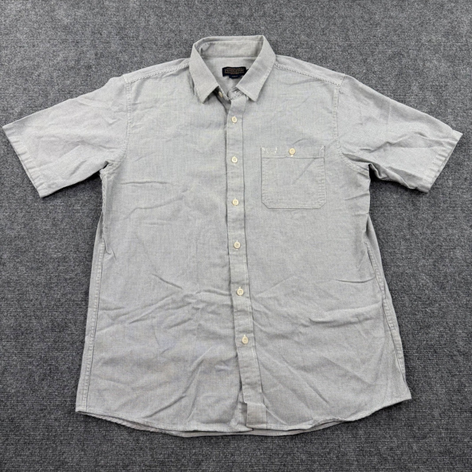 Pendleton Button Up Shirt Large Grey Micro Pattern Short Sleeve Fitted Mens